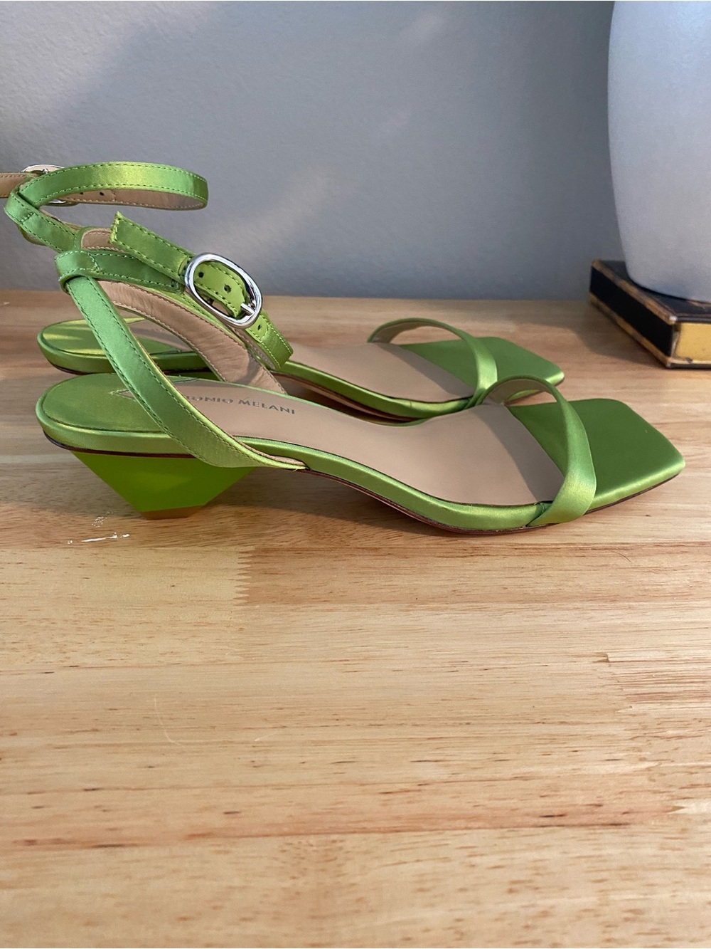 ANTONIO MELANI Lime Green Satin Ankle-Strap Sandals